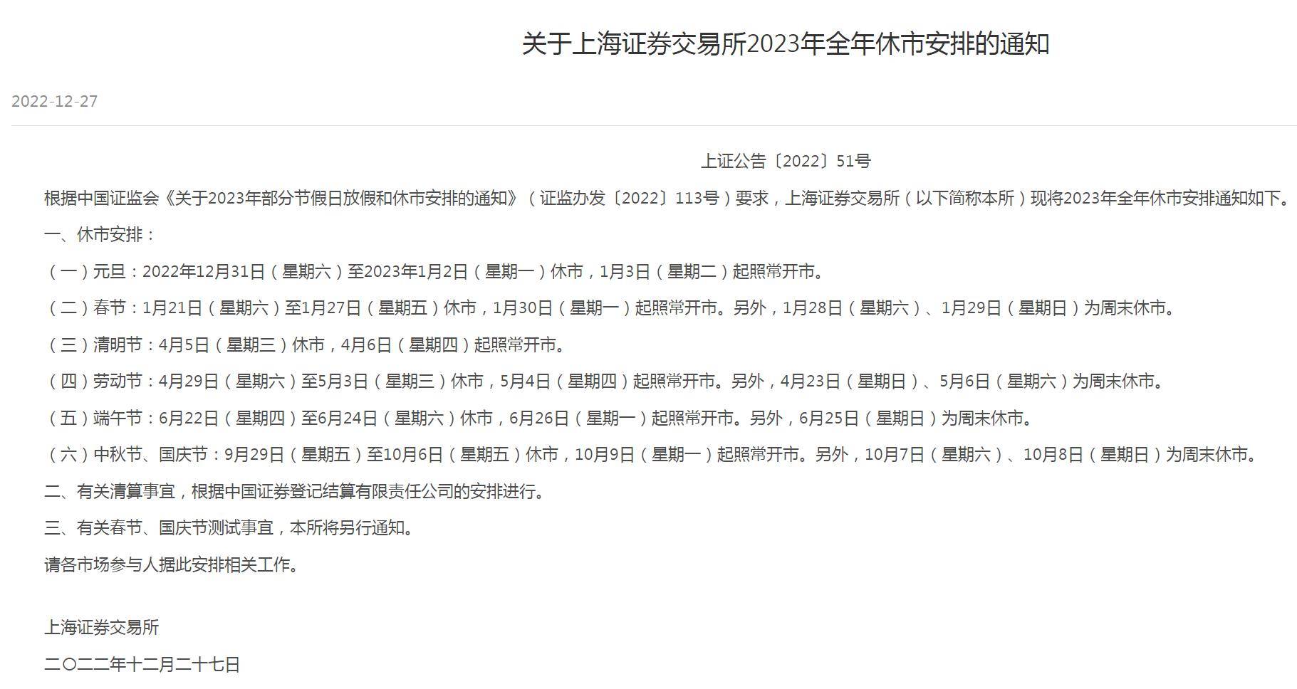 股民注意<strong></p>
<p>交易所</strong>！沪深交易所2023年休市安排公布（含港股通）